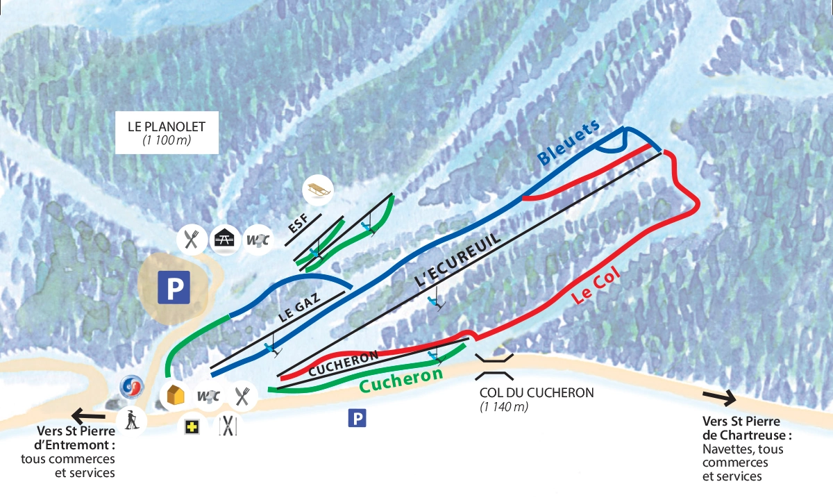 Plan des pistes du Planolet, la station de Saint-Pierre en Chartreuse.