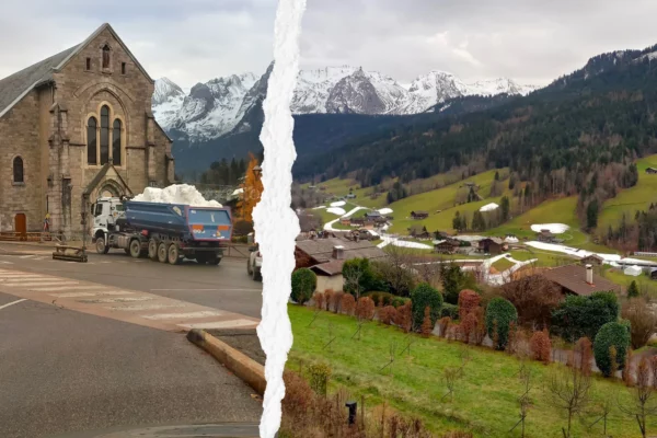 Transport de la neige par camion au Grand Bornand pour la coupe du monde de Biathlon